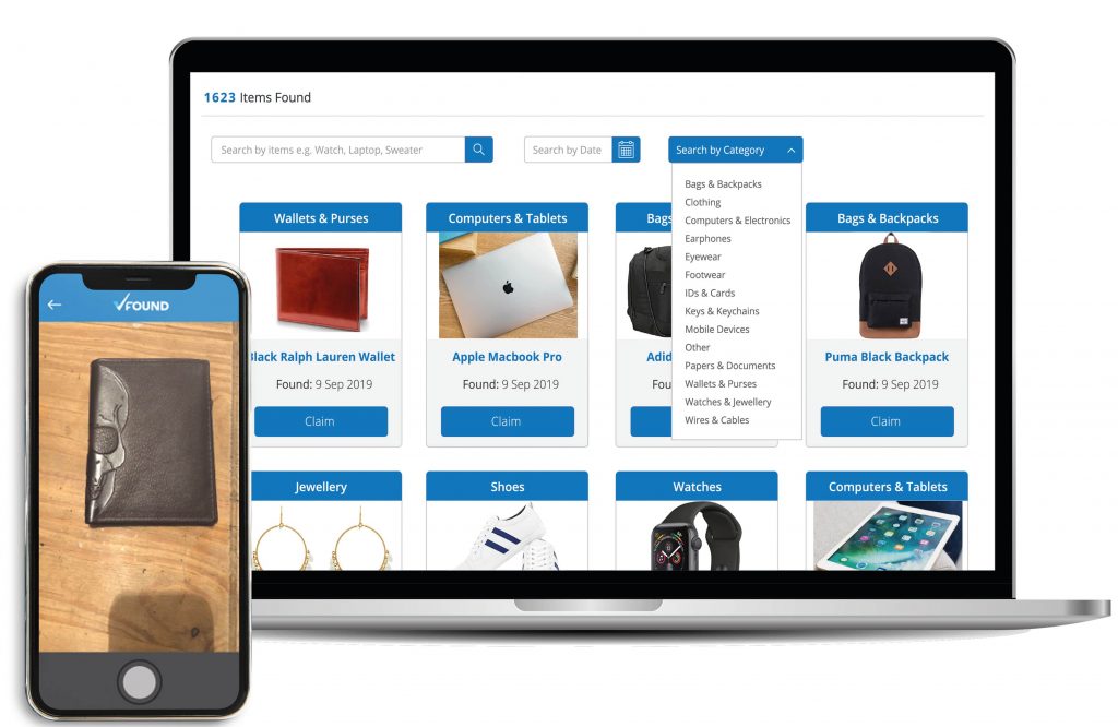 An illustrative venue lost and found website with item photos